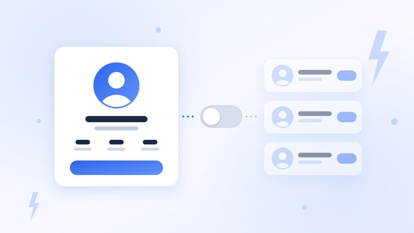 Illustration: a profile card linked through a switch in the off position to three dimmed suggested profiles.